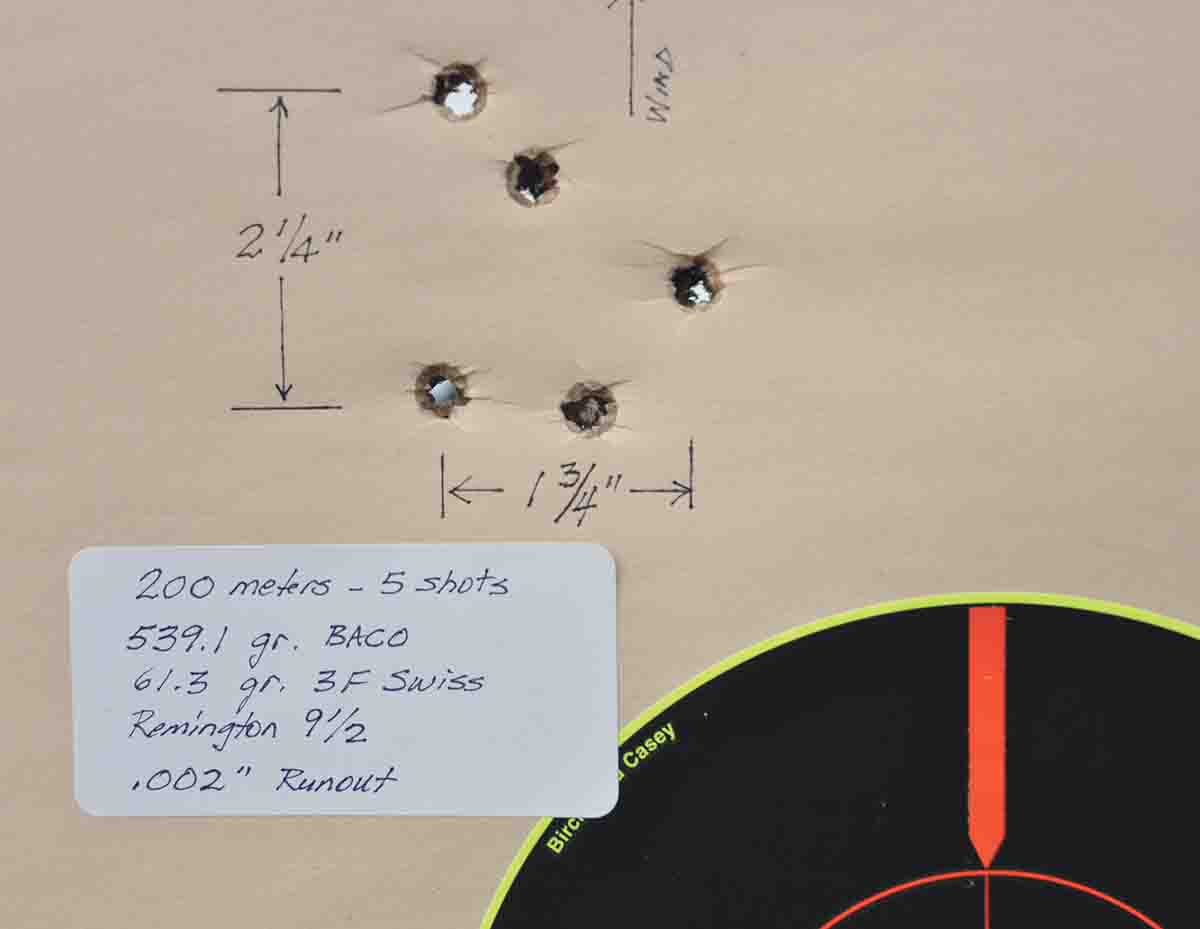 This five-shot group at 200 meters had a bullet runout of .002 inch.